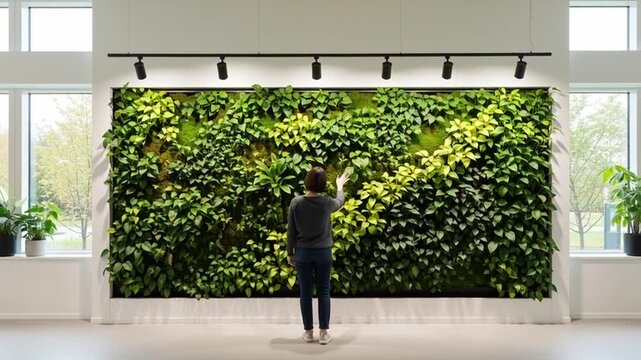 A person installing a large living green wall in a modern office space with plenty of natural light from the windows in this video.
