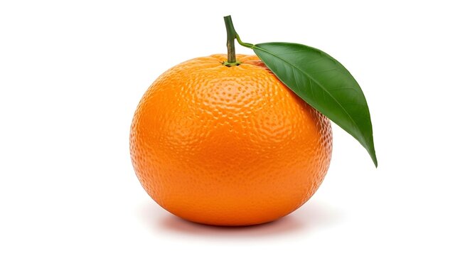 Whole Orange with Green Leaf and Stem on White Background
