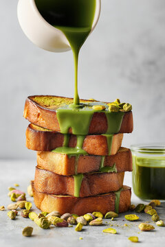 A stack of French toast with pistachio jam dripping down its sides is topped with a pour of green matcha liquid from above.