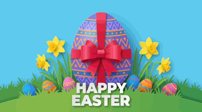 Happy Easter Paper Cut Illustration with Gift Egg, Daffodils, and Colorful Spring Eggs in Grass