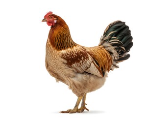Fototapeta premium Brown and white rooster with red comb standing on white background with tail raised high