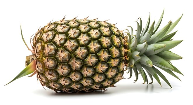 Whole ripe pineapple with green leaves on white background