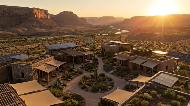 Eco-Friendly Resort in Desert Landscape at Sunset