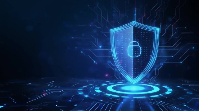 Cyber attack protection background with digital shield hologram and glowing security interface