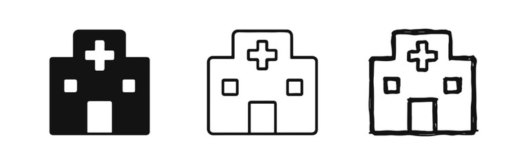 Obraz premium Hospital building icon set, Medical facility symbol doodle, Healthcare clinic silhouette and line art collection