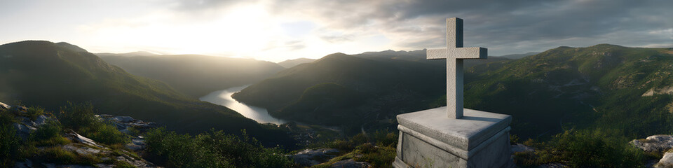 White Christian cross on a mountain pedestal overlooking a scenic valley landscape with copy space for religious worship, church services, and meditation app marketing.