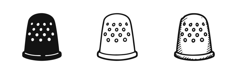 Fototapeta premium Thimble sewing tool icon set, Craft protection symbol doodle, Tailoring accessory silhouette and line art collection