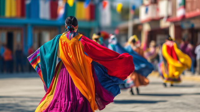 La Paloma Festival, Traditional dancer performing La Paloma Festival choreography with flowing colorful costume in vibrant urban street