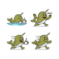Cartoon narwhal character enjoying coffee in various activities with copy space © RafikulStock