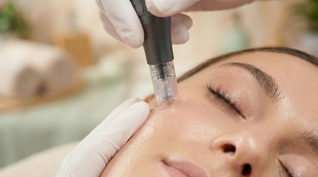 Professional Microneedling Facial Treatment using Electronic pen on Woman's Cheek for Skin Rejuvenation and Anti-Aging in Aesthetic Clinic
