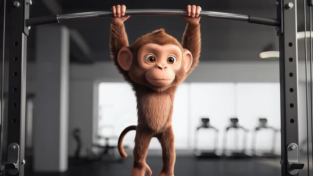 Playful cartoon monkey exercising on a pull-up bar in a modern gym, seamless loop animation, symbolizing fitness and playfulness