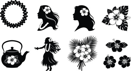 Black silhouette Hawaiian girl hula dancer hibiscus flower tropical palm leaves lei wreath teapot exotic island culture vector illustration set collection. © MdAbdul