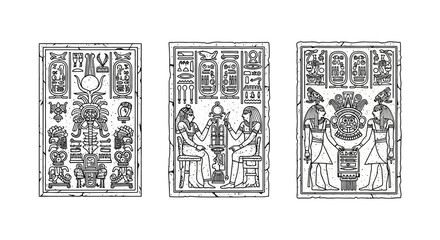 Ancient Egyptian Hieroglyphs and Figures: Three Panels of Art and Symbolism