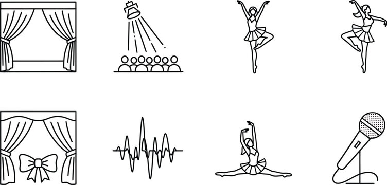 Stage performance dance icon set thin outline icons stage curtain spotlight vector