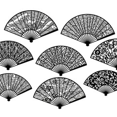 Collection of Ornate Japanese Folding Fans with Intricate Patterns