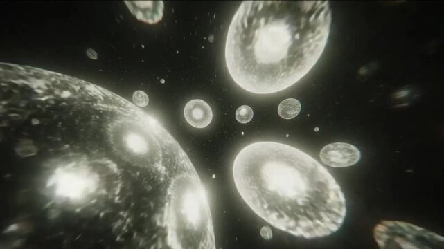 Abstract cosmic scene with glowing spheres representing a multiverse