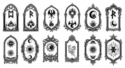 Esoteric Symbols Frames, Runes, Celestial Bodies, Mystical Ornaments, Occult Design Elements
