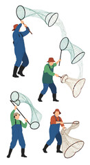 Fisherman with net catching fish in sequence, action illustration