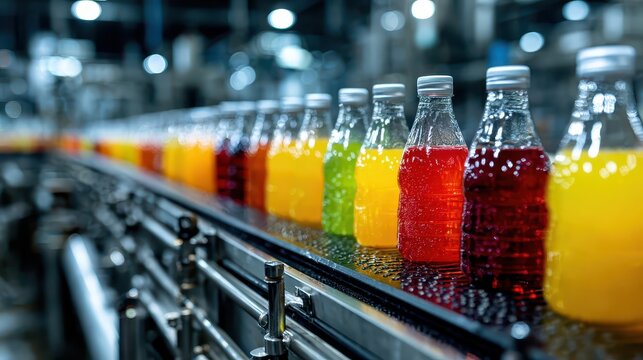 Vibrant drinks in bottles move along an automated factory line. Ideal for illustrating food processing, modern industry, or beverage brands.