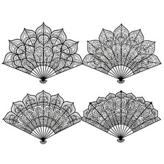 Intricate Mandala Fan Designs: Set of Four Black and White Ornate Patterns