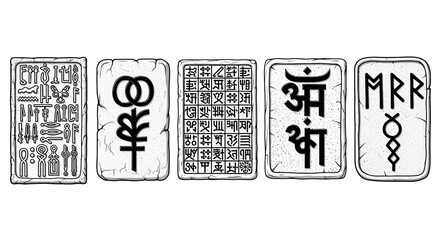 Mystical ancient symbols and runes on weathered stone tablets, esoteric concept