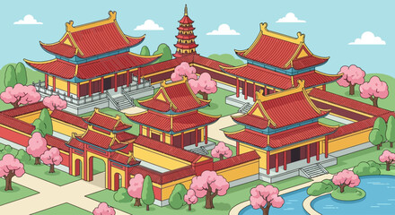 Pixel Art Chinese Palace Courtyard with Cherry Blossoms and Pagoda