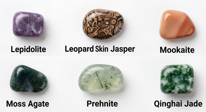 Set of Six Tumbled Gemstones with Labels Lepidolite Jasper Mookaite Agate Prehnite and Jade