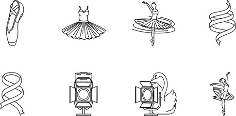 Ballet and grace icon set thin line icons pointe shoe tutu swirl vector © ArtFlex