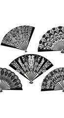 Set of Decorative Japanese Fans with Intricate Patterns, Black and White