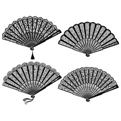 Set of Four Black Lace Hand Fans, Vintage Style, Decorative Accessory