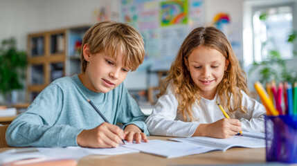 Fototapeta premium Creative children engaged in learning and sharing ideas while drawing and writing in a bright classroom filled with art supplies, showcasing their imagination and friendship during study time