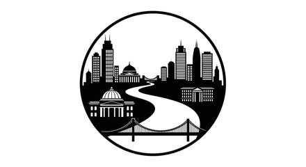 Naklejka premium Stylized black and white cityscape with river and bridge in a circular frame.