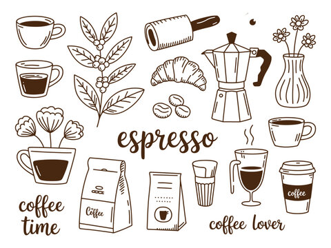 Coffee time hand drawn espresso elements vector set