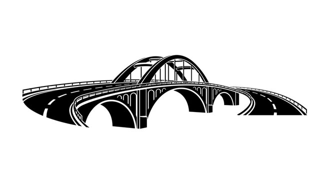 Monochromatic illustration of a large arched bridge with roads.