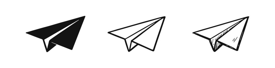 Paper Airplane Send Message and Communication Icons Set. Freedom, Travel, and Childhood Symbols. © drawing lines