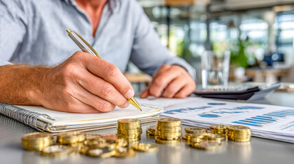 Fototapeta premium Focused individual jotting down financial insights in a modern workspace filled with coins and charts on a bright day
