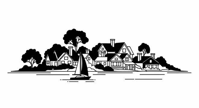 Coastal village with a sailboat on the water under trees