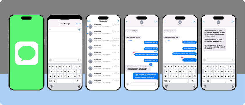 iMessage iOS 26 mockup on iPhone 17 Pro Max showing chat bubbles, message reactions, voice notes, typing bar, contact icons, notifications, and modern Apple messaging interface vector illustration