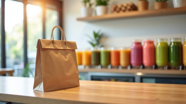 Bolsa de papel marr&oacute;n sustentable en el mostrador del bar de jugos, batidos coloridos exhibidos, interior moderno y luminoso