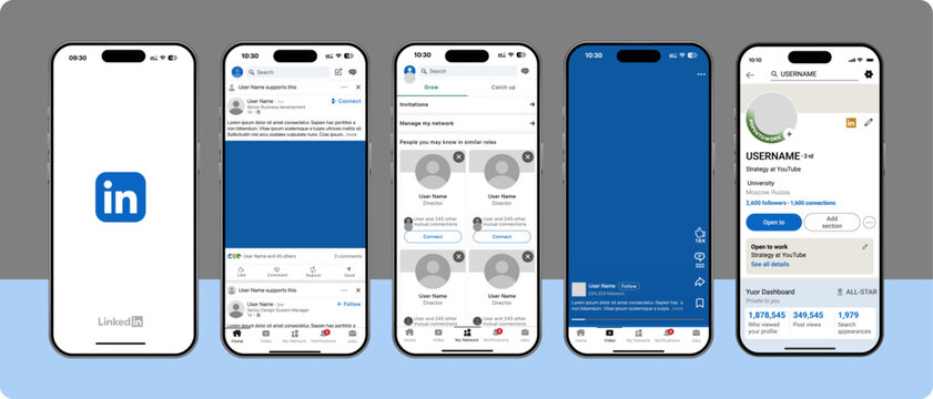 LinkedIn social media app template. iPhone 16e with LinkedIn mockup, LinkedIn template screen frame with shadow on dark and light color mode, User Interface mockup template. Smartphone.	