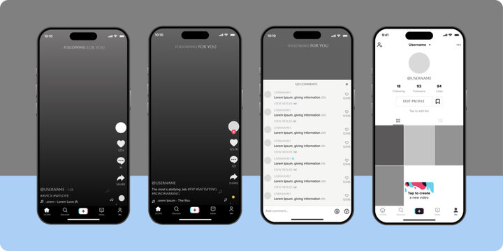 Tiktok. Tik tok mobile App interface template. Tiktok mockup social media template. mobile app interface template on social network. Tiktok Home, User, activity template.	