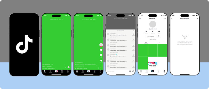 Tiktok. Tik tok mobile App interface template. Tiktok mockup social media template. mobile app interface template on social network. Tiktok Home, User, activity template.	