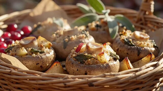 Gourmet stuffed mushrooms in a rustic basket with cranberries and herbs, a savory appetizer ready to be enjoyed.