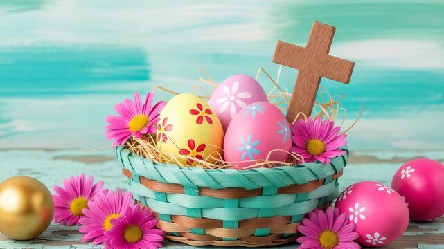 Decorative easter basket with colorful pattern egg and a wooden cross. springtime celebration and religious holiday symbol.
