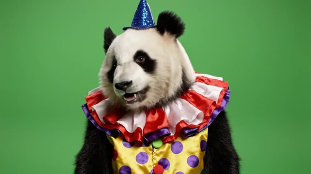 a joyful panda wearing colorful clown costume with realistic fur shading and natural weight movement playful yet believable behavior green screen background high end cinematic realism no nois