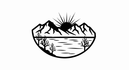 Obraz premium Stylized silhouette of a sun rising over mountains above a lake