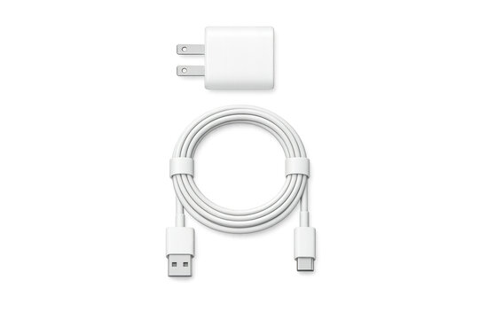 Minimalist electronic accessories design featuring usb-c cable and charger on gray background