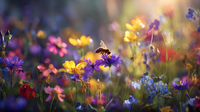 Blooming wildflowers in rich, vibrant colors are intertwined with a close-up of a bee gathering nectar, highlighting the delicate dance of pollination.