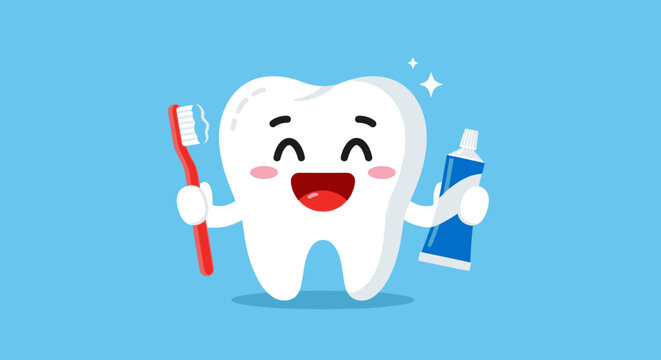 Cartoon tooth character holding toothbrush and toothpaste for oral hygiene.