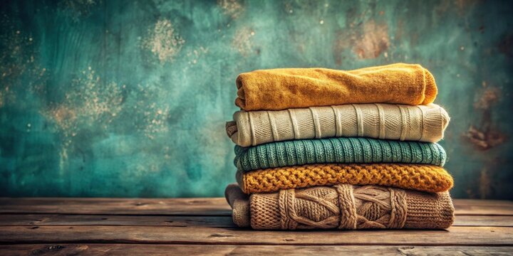 A stack of cozy autumnal sweaters in earth tones, arranged neatly on a rustic wooden surface against a textured background.